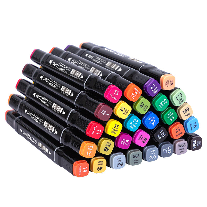 Marcador base alcohol cuadrado DELI doble punta biselada y bala colores surtidos x60 Unidades