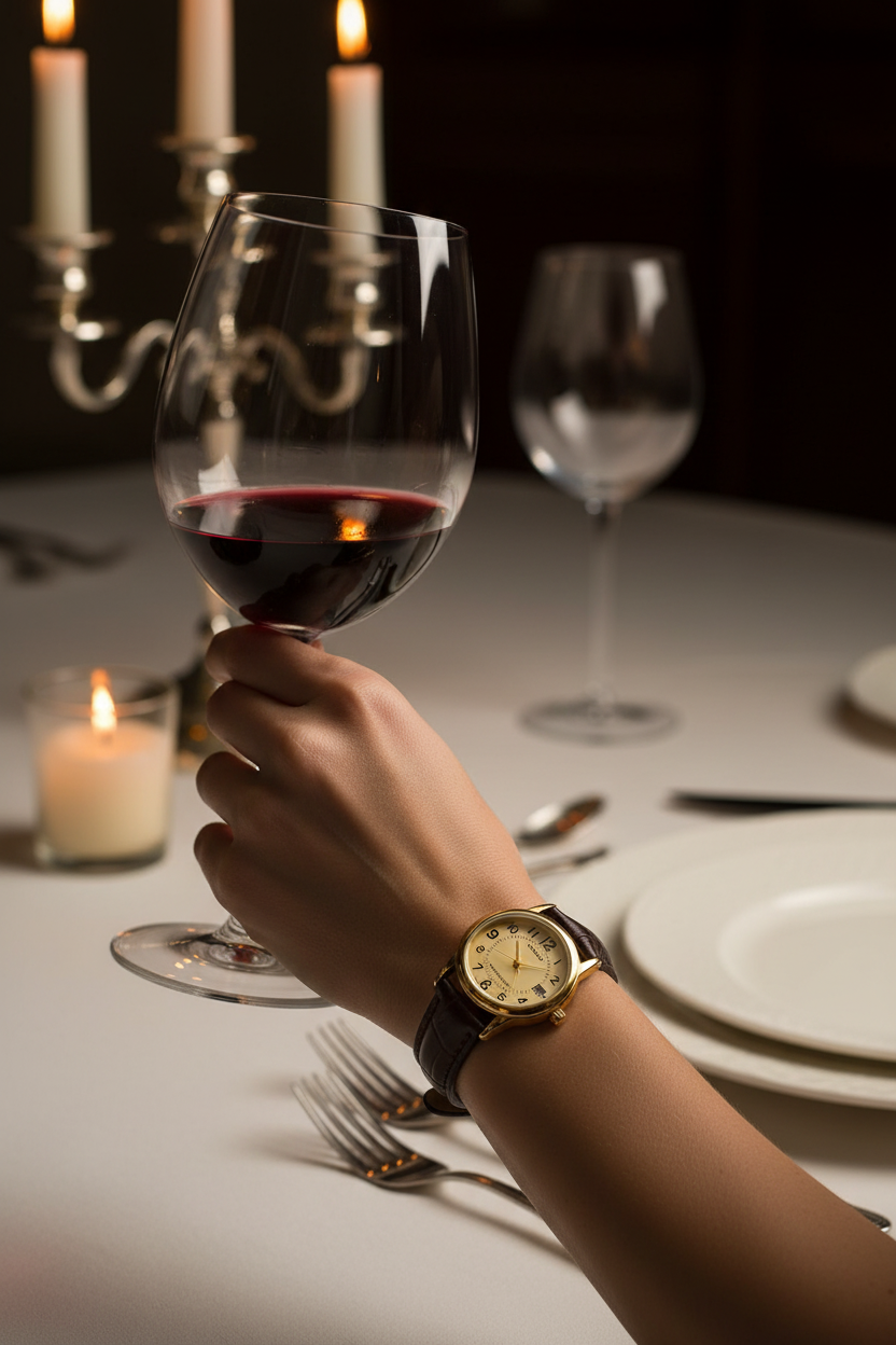 Casio LTP-V002GL-9BUDF en muñeca en cena formal con vino