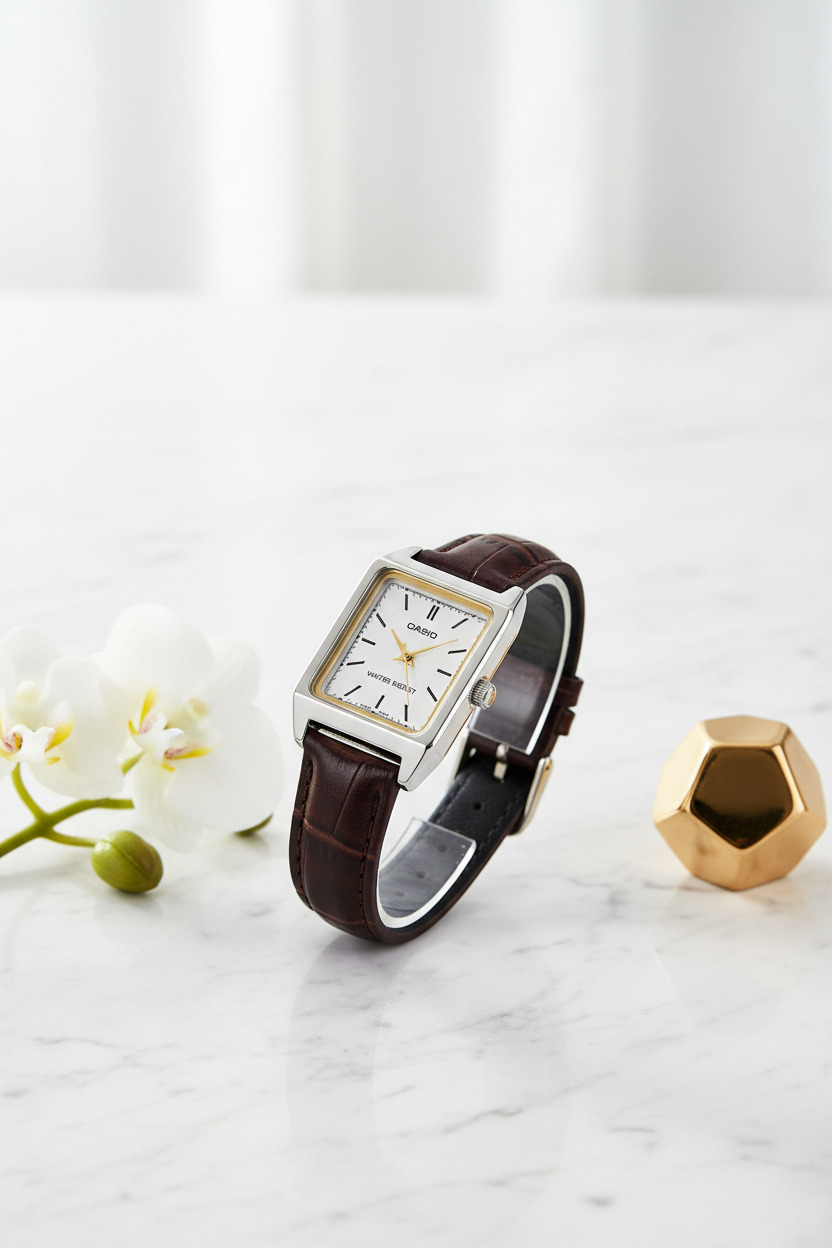 Casio LTP-V007L-7E2UDF sobre mármol blanco mostrando bisel dorado interior