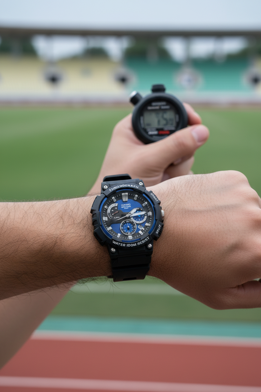 Casio MCW-200H-2AVDF en muñeca en atletismo en pista