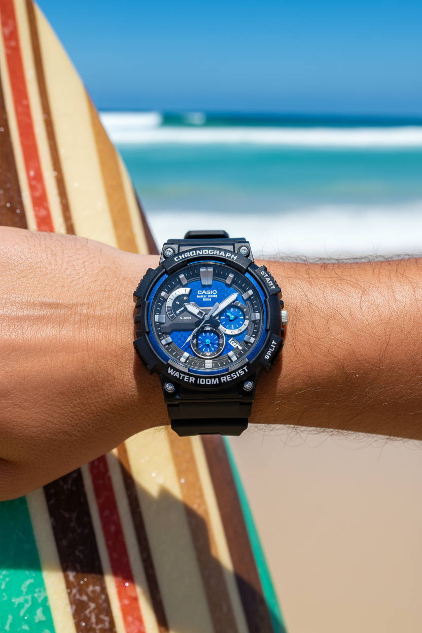 Casio MCW-200H-2AVDF en muñeca en surf en playa