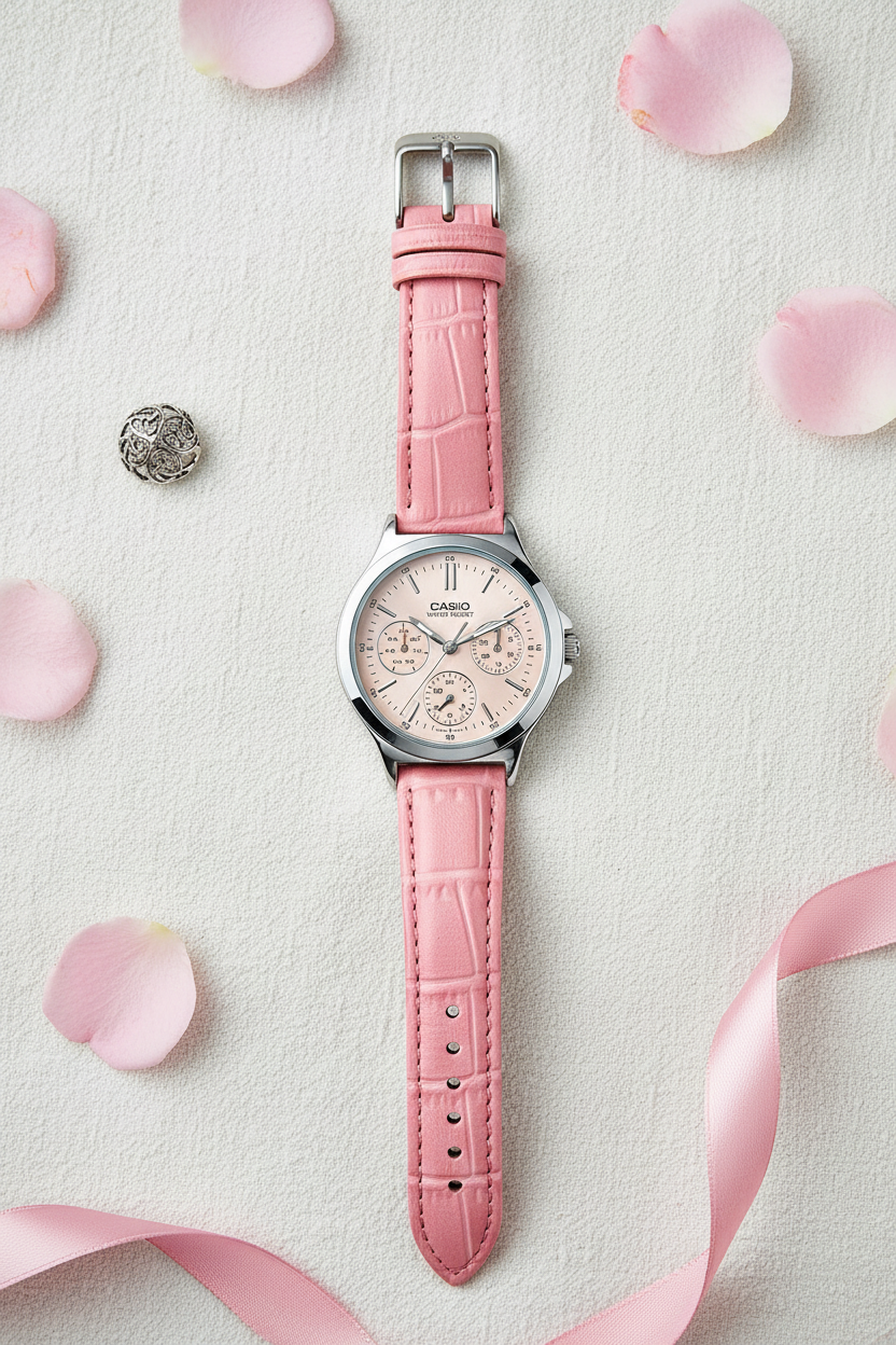 Casio LTP-V300L-4AUDF flat lay sobre lino con pétalos de rosa
