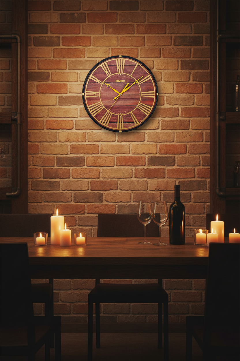 Casio IQ-81-5ADF reloj de pared en comedor rústico con ladrillo