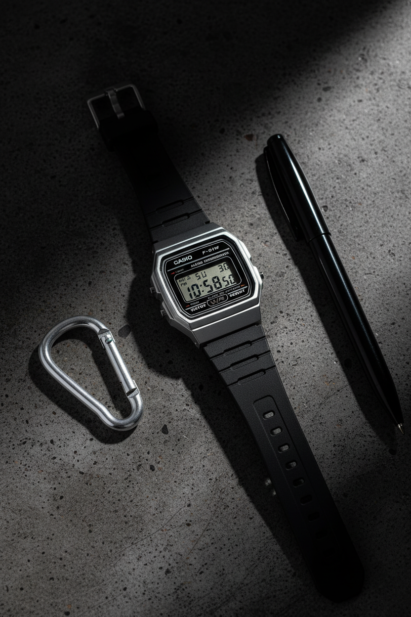 Casio F-91WM-7ADF sobre concreto dark con carabiner plateado