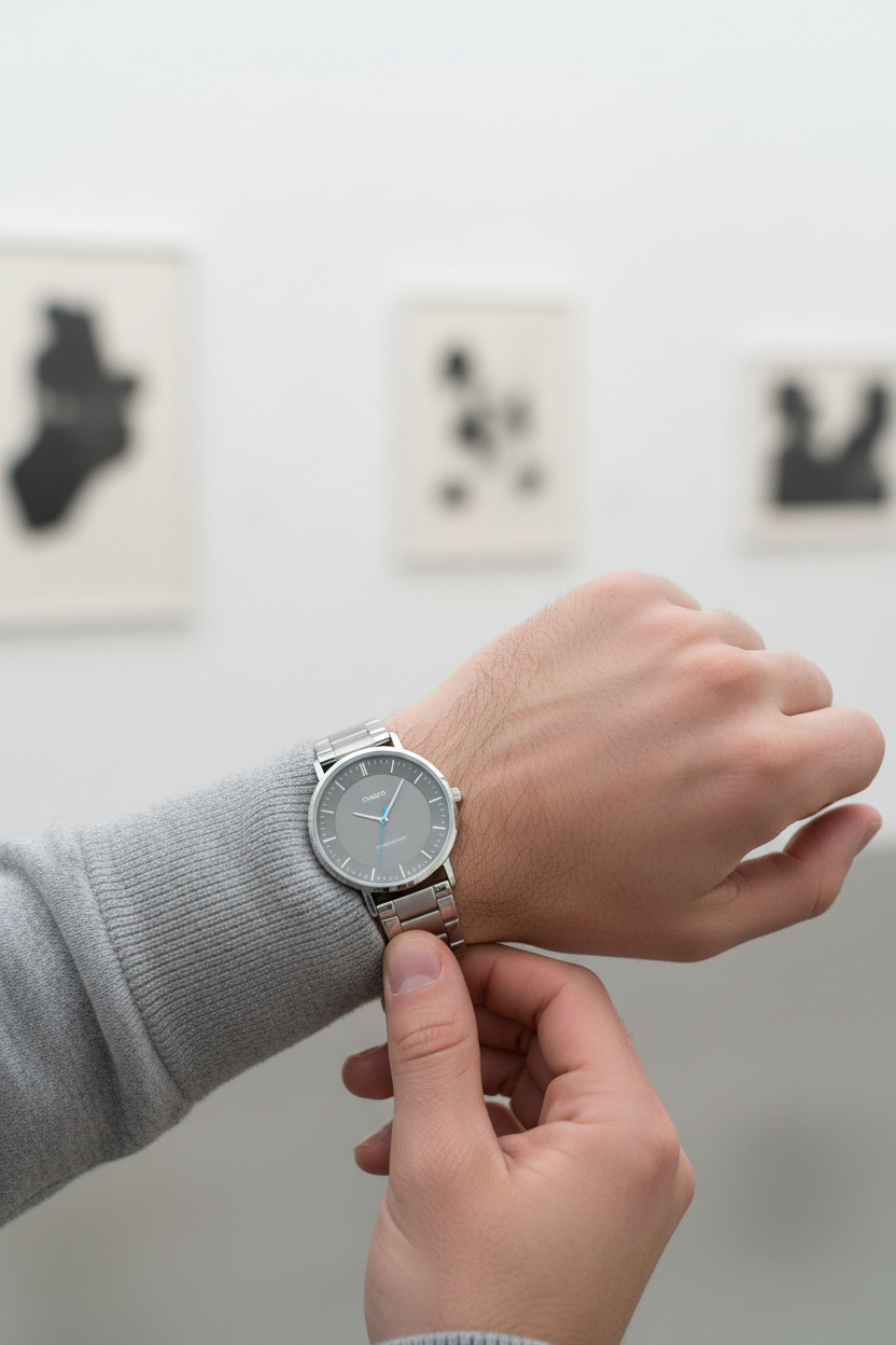 Lifestyle - Sofisticado galería de arte con cuello tortuga gris