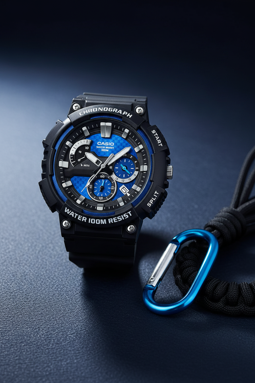 Casio MCW-200H-2AVDF sobre fondo navy con carabiner azul