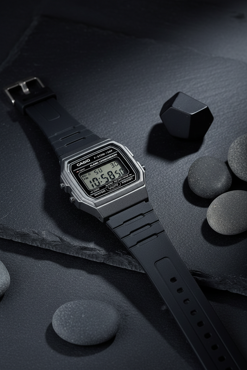Casio F-91WM-1BDF sobre pizarra oscura con piedras