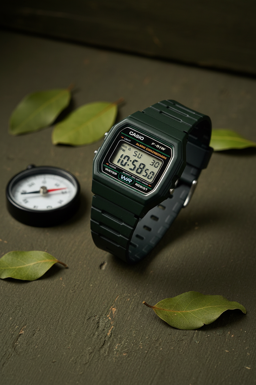 Casio F-91W-3DG sobre fondo olive con brújula
