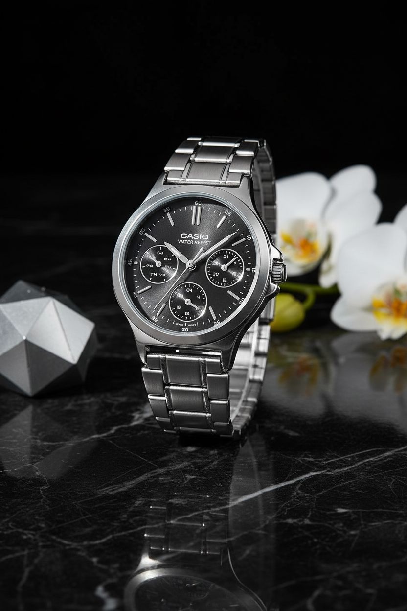 Casio LTP-V300D-1AUDF sobre mármol negro con orquídea plateada