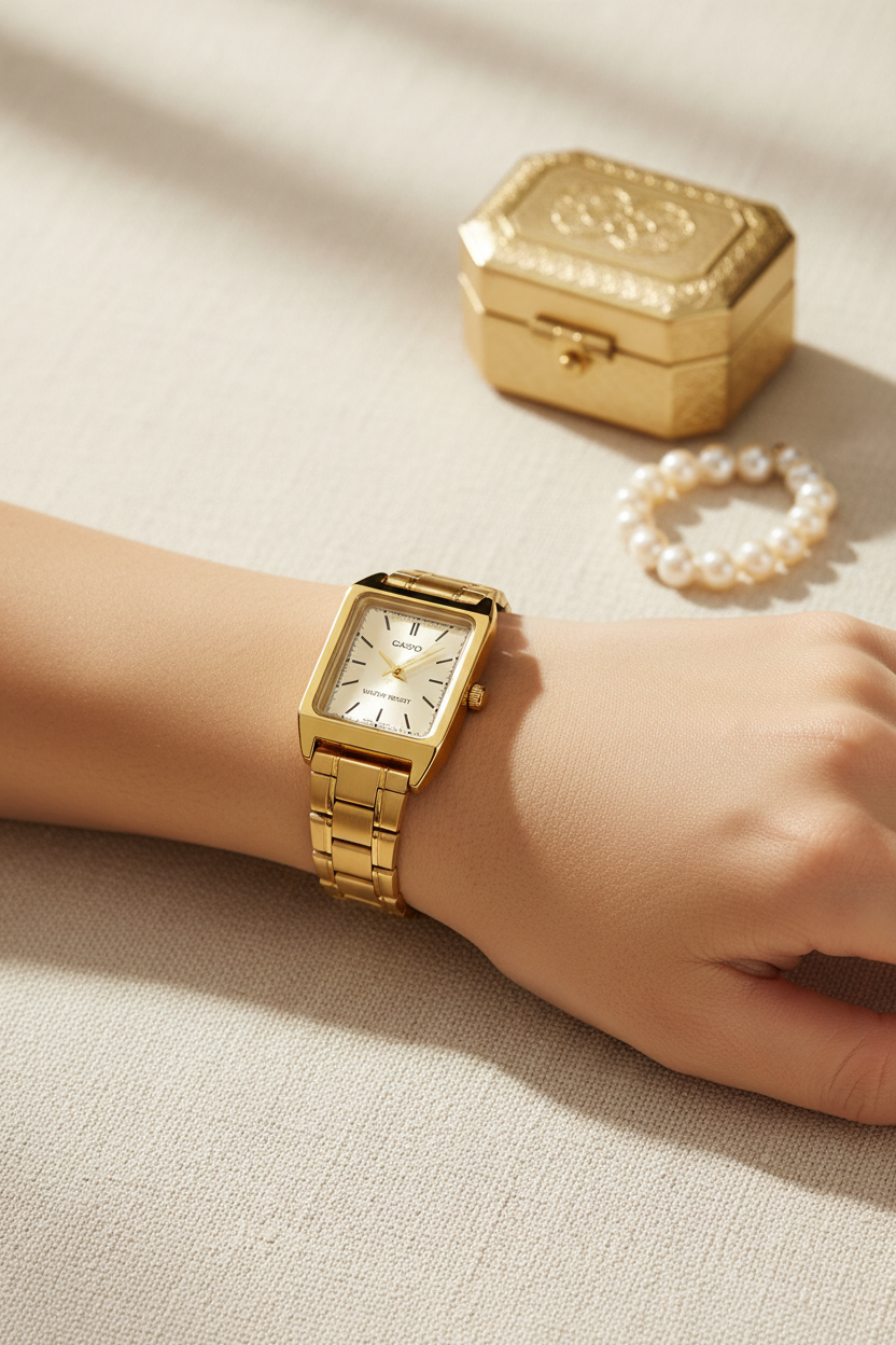 Casio LTP-V007G-9EUDF en muñeca en mañana con joyero y perlas