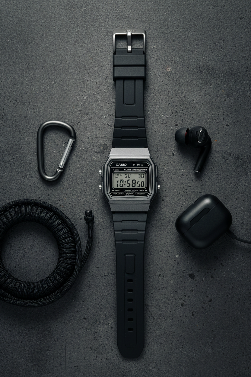 Casio F-91WM-1BDF flat lay sobre concreto stealth