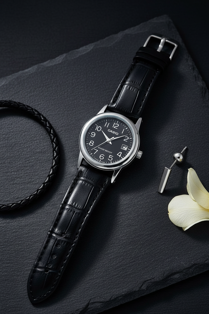 Casio LTP-V002L-1BUDF flat lay sobre pizarra con textura cuero cocodrilo
