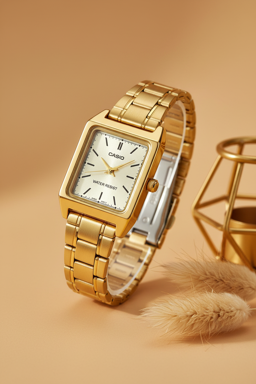 Casio LTP-V007G-9EUDF sobre fondo beige con pampas doradas
