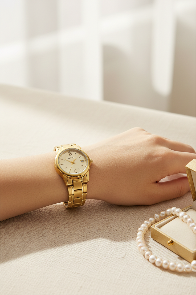 Casio LTP-V002G-9B3UDF en muñeca en mañana con joyero y perlas