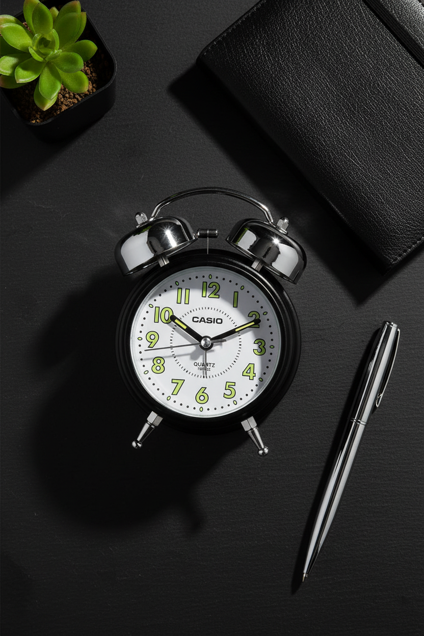 Casio TQ-362-1BDF flat lay sobre pizarra oscura con accesorios