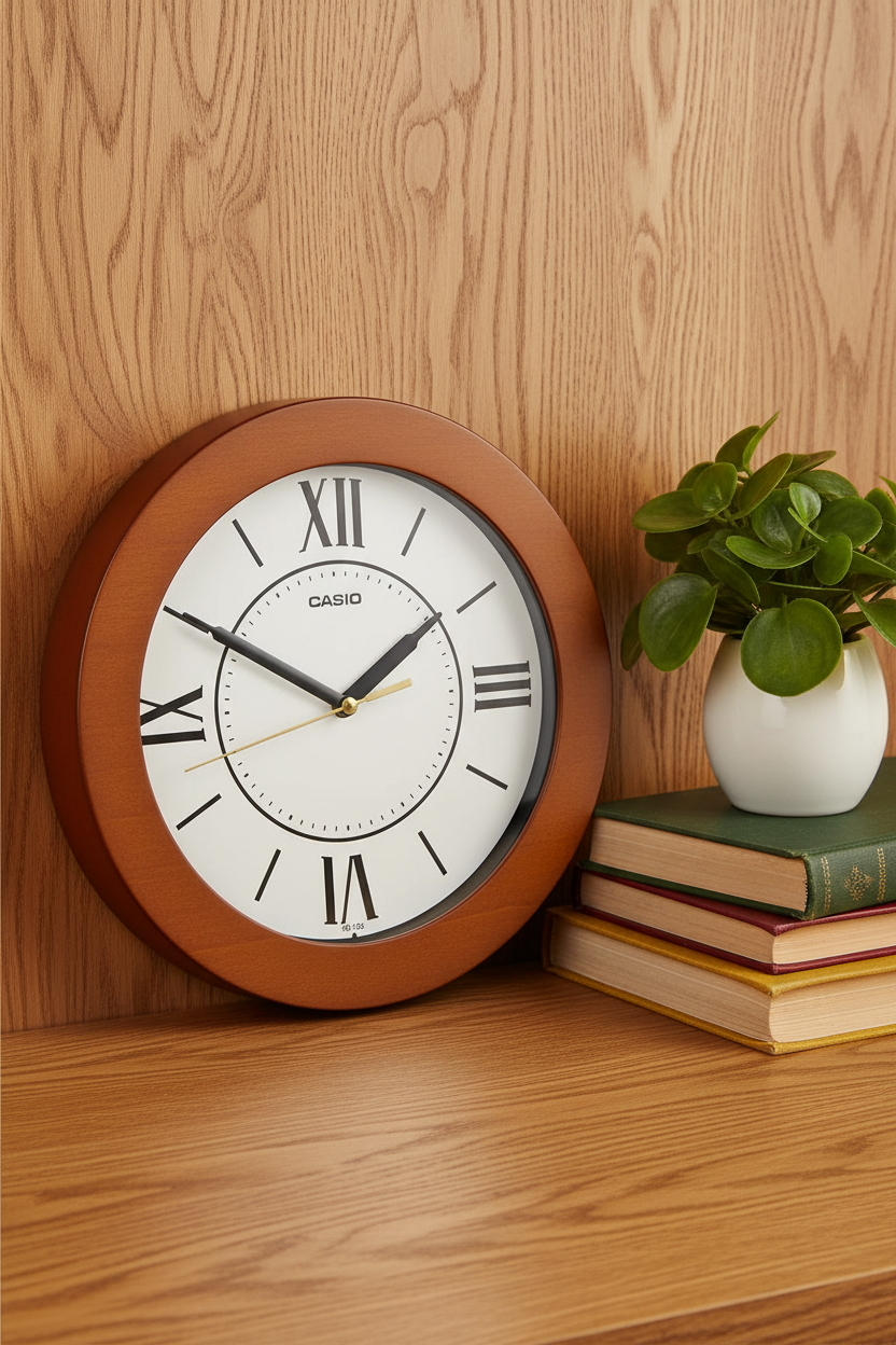 Casio IQ-126-5BDF sobre superficie de madera con libros y planta