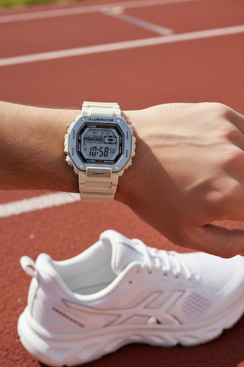 Casio MWD-110H-8AVDF en muñeca en running track deportivo