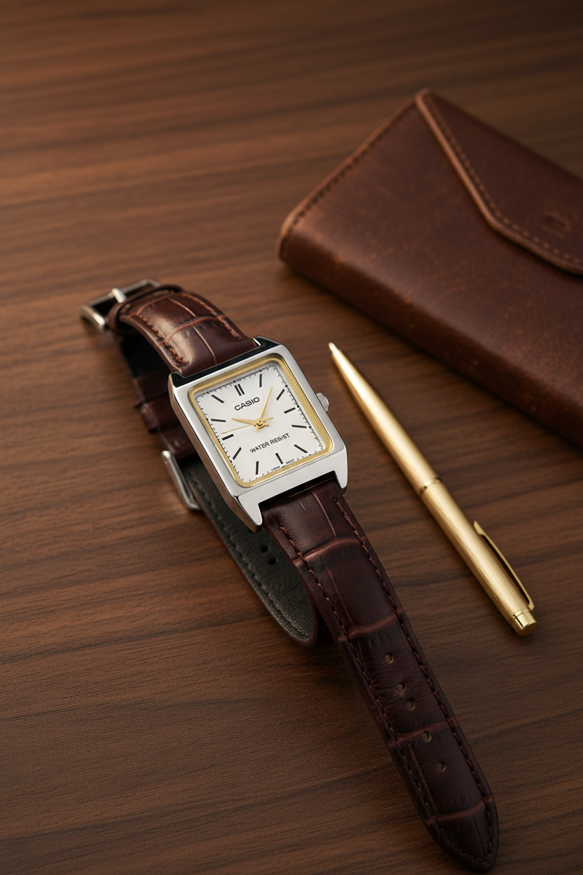 Casio LTP-V007L-7E2UDF sobre nogal oscuro con pluma dorada