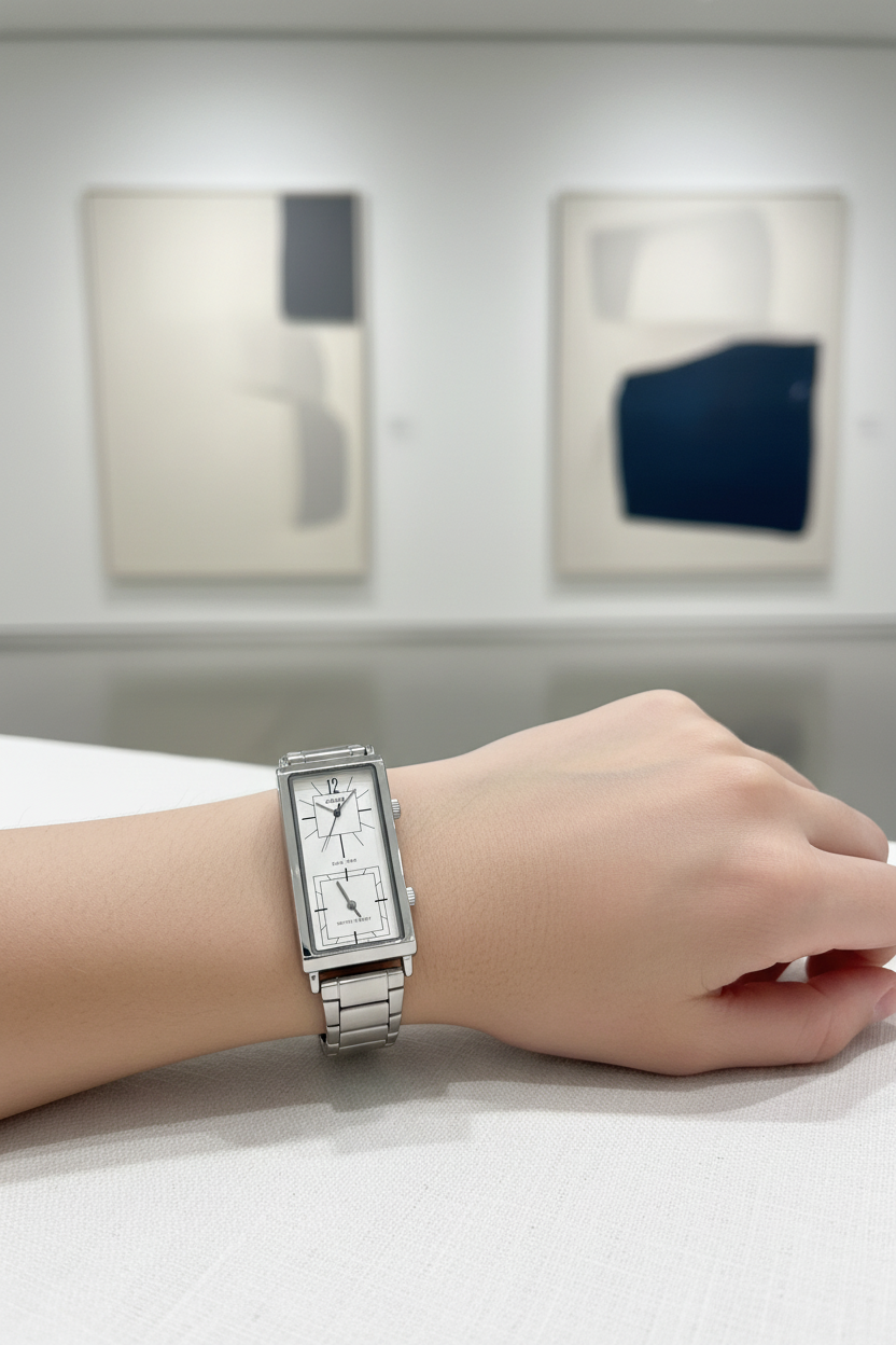 Casio LTP-E151D-7BDF en muñeca en galería de arte minimalista