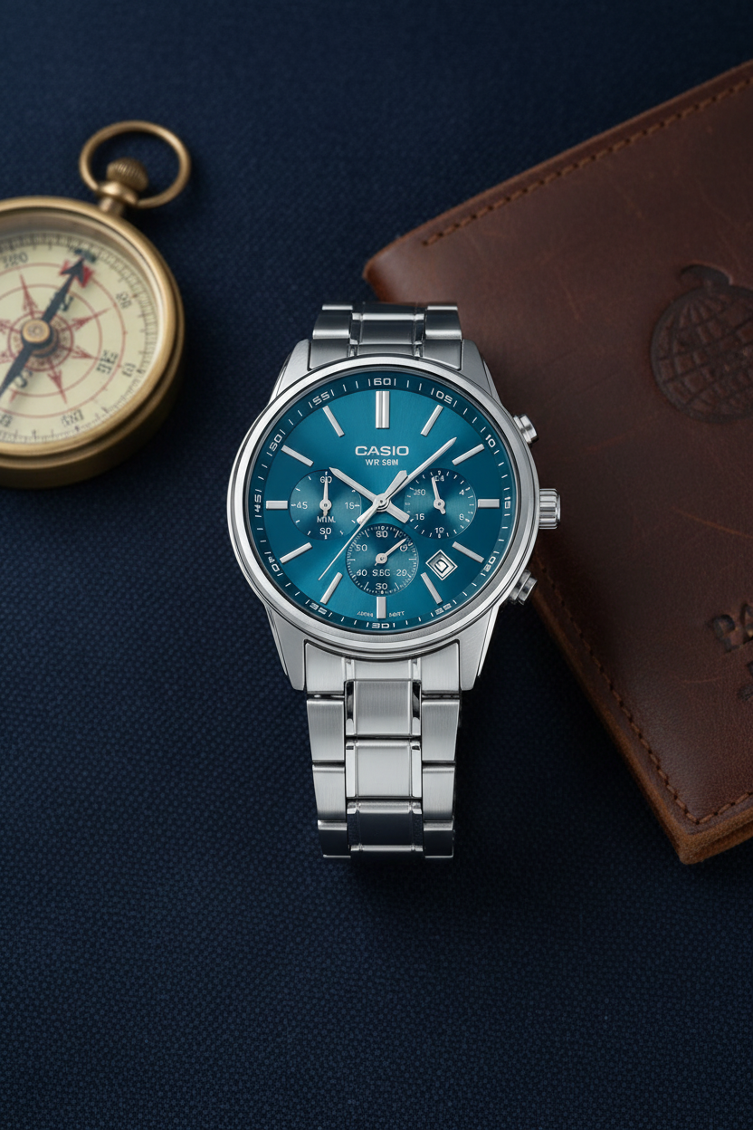 Producto - Superficie azul marino con brújula y pasaporte