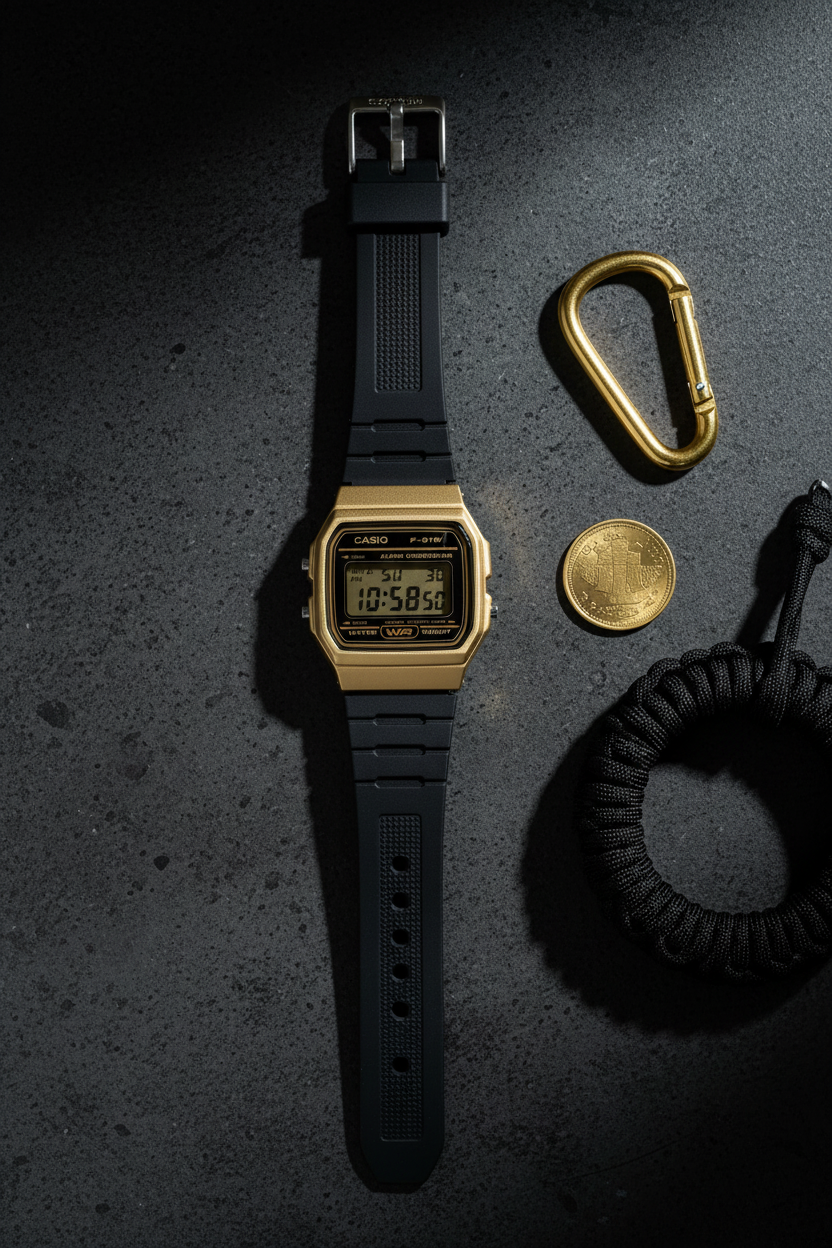 Casio F-91WM-9ADF flat lay sobre concreto con accesorios dorados