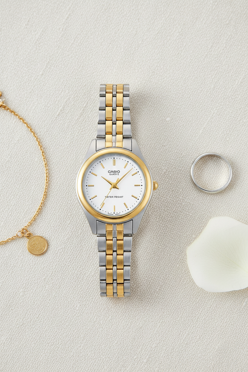 Casio LTP-1129G-7ARDF flat lay sobre lino crema con accesorios bicolor