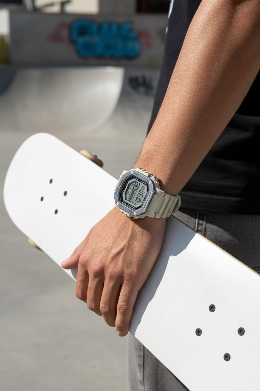Casio MWD-110H-8AVDF en muñeca en skate urbano clean