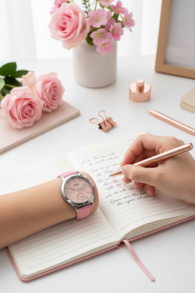 Casio LTP-V300L-4AUDF en muñeca en workspace femenino rosa