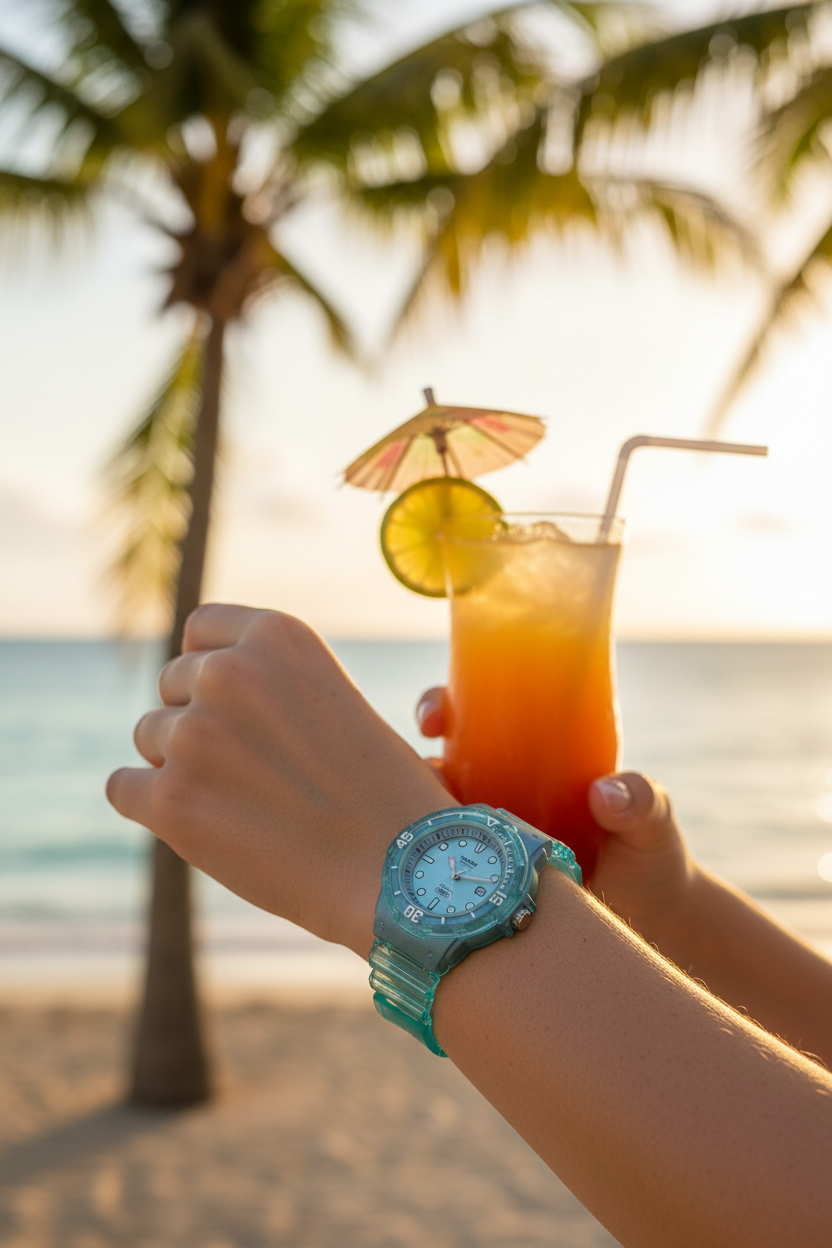 Casio LRW-200HS-2EVDF en muñeca en beach bar con cocktail