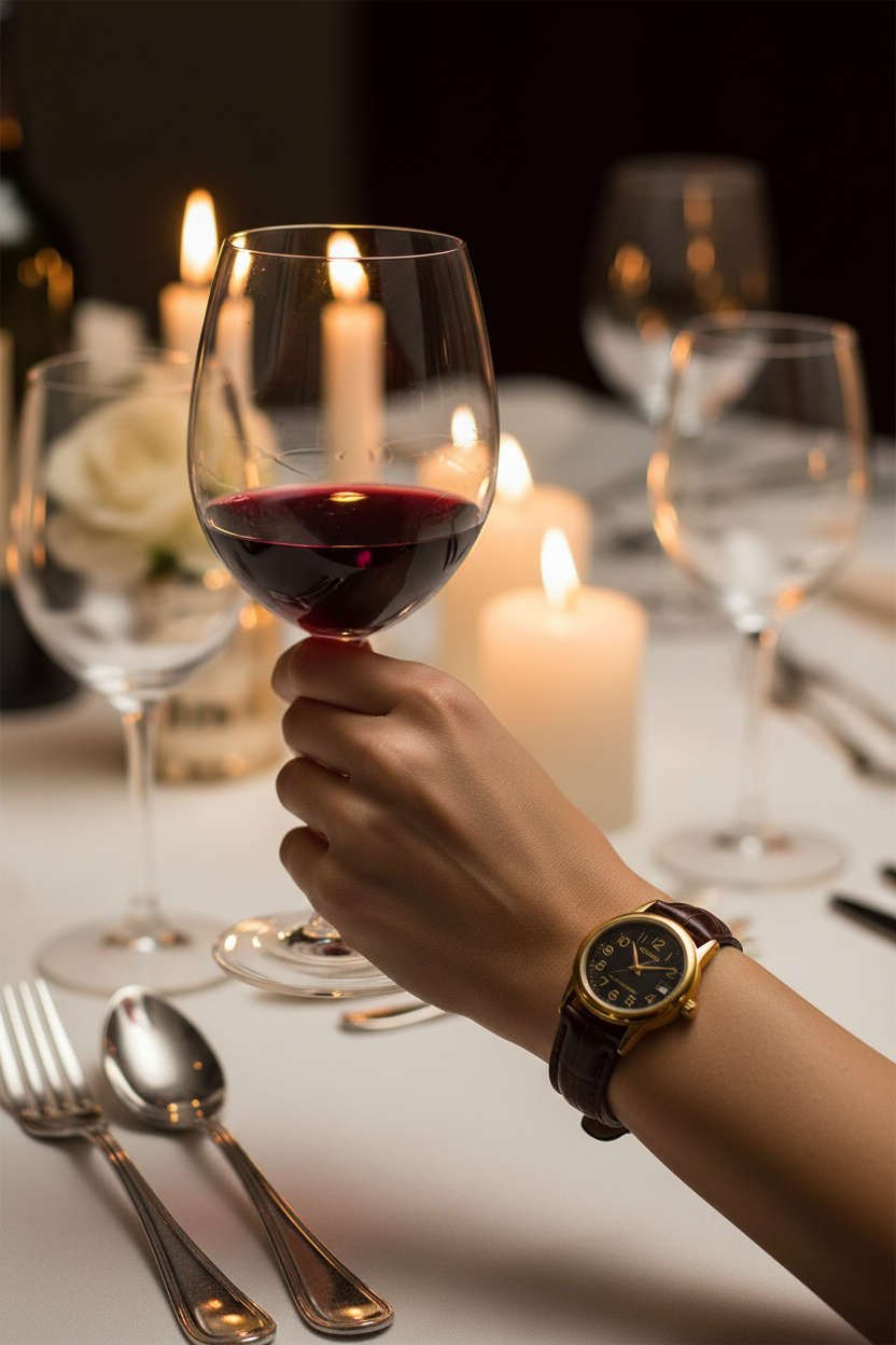 Casio LTP-V002GL-1BUDF en muñeca en cena formal con vino