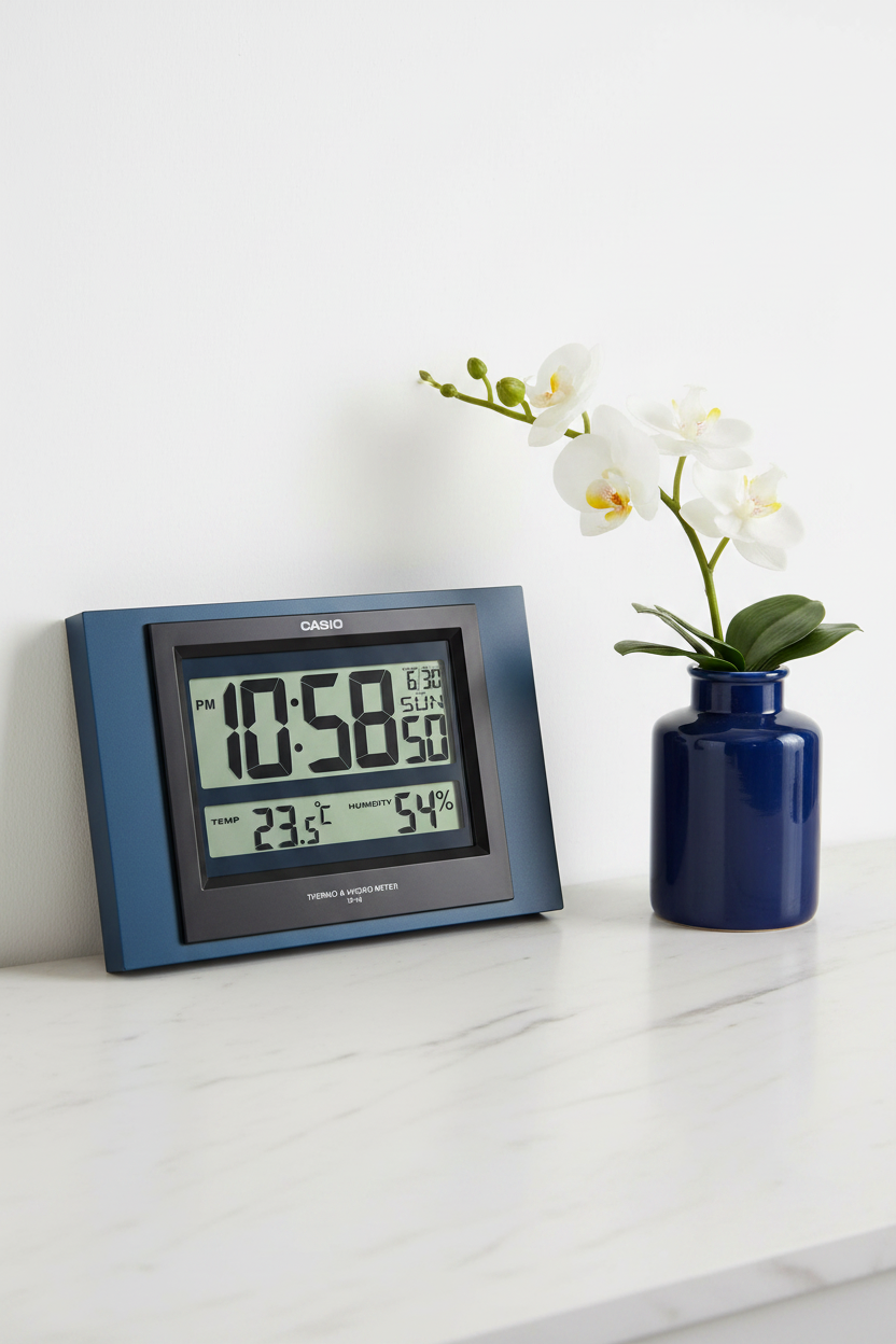 Casio ID-16S-2DF sobre mármol blanco con orquídea y vaso navy