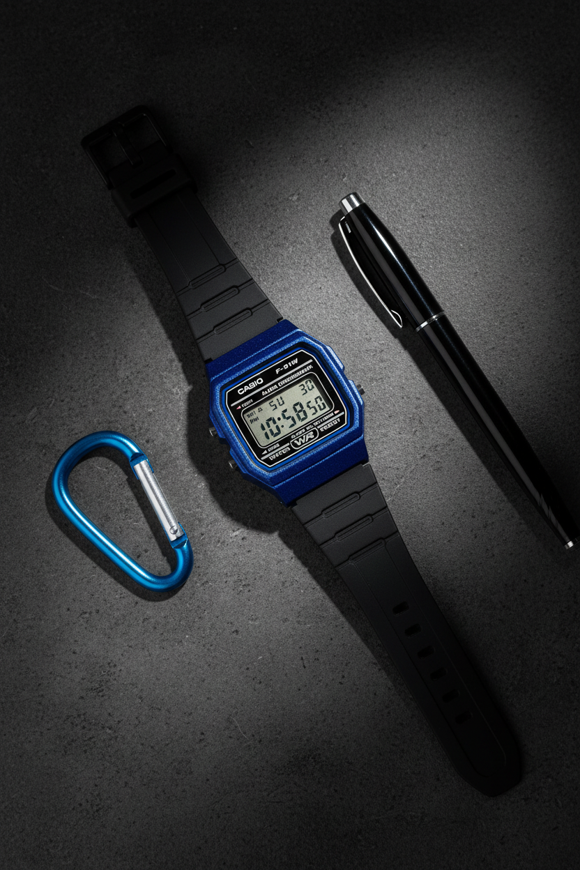 Casio F-91WM-2ADF sobre concreto dark con carabiner azul