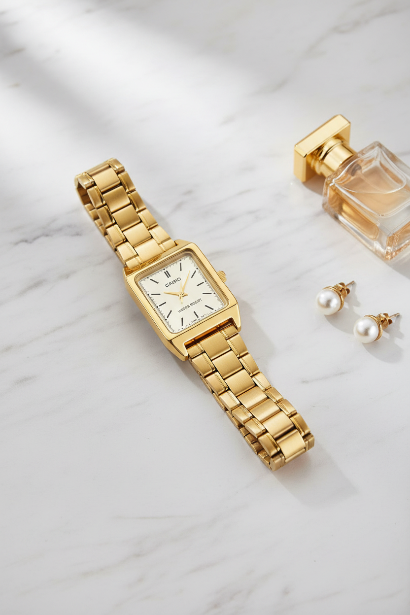 Casio LTP-V007G-9EUDF sobre mármol blanco con perfume y perlas