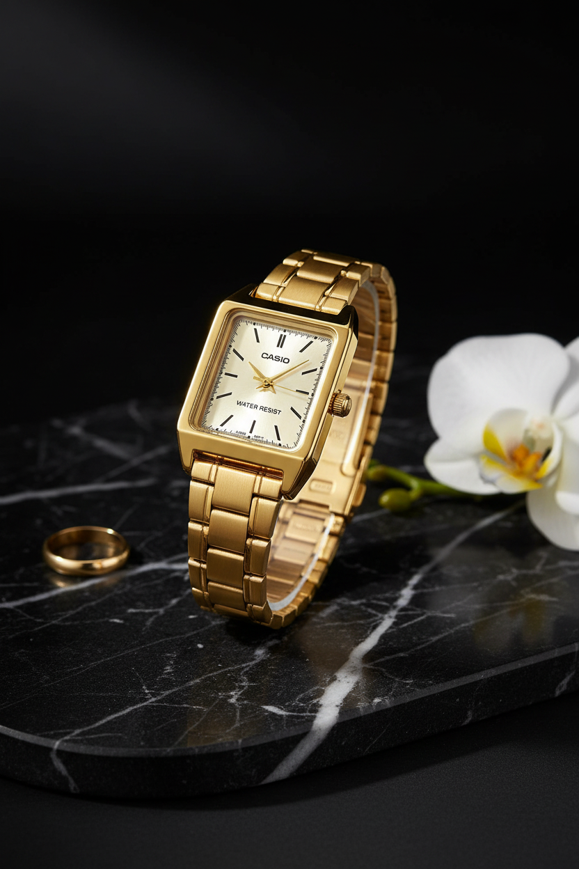Casio LTP-V007G-9EUDF sobre mármol negro con orquídea dorada