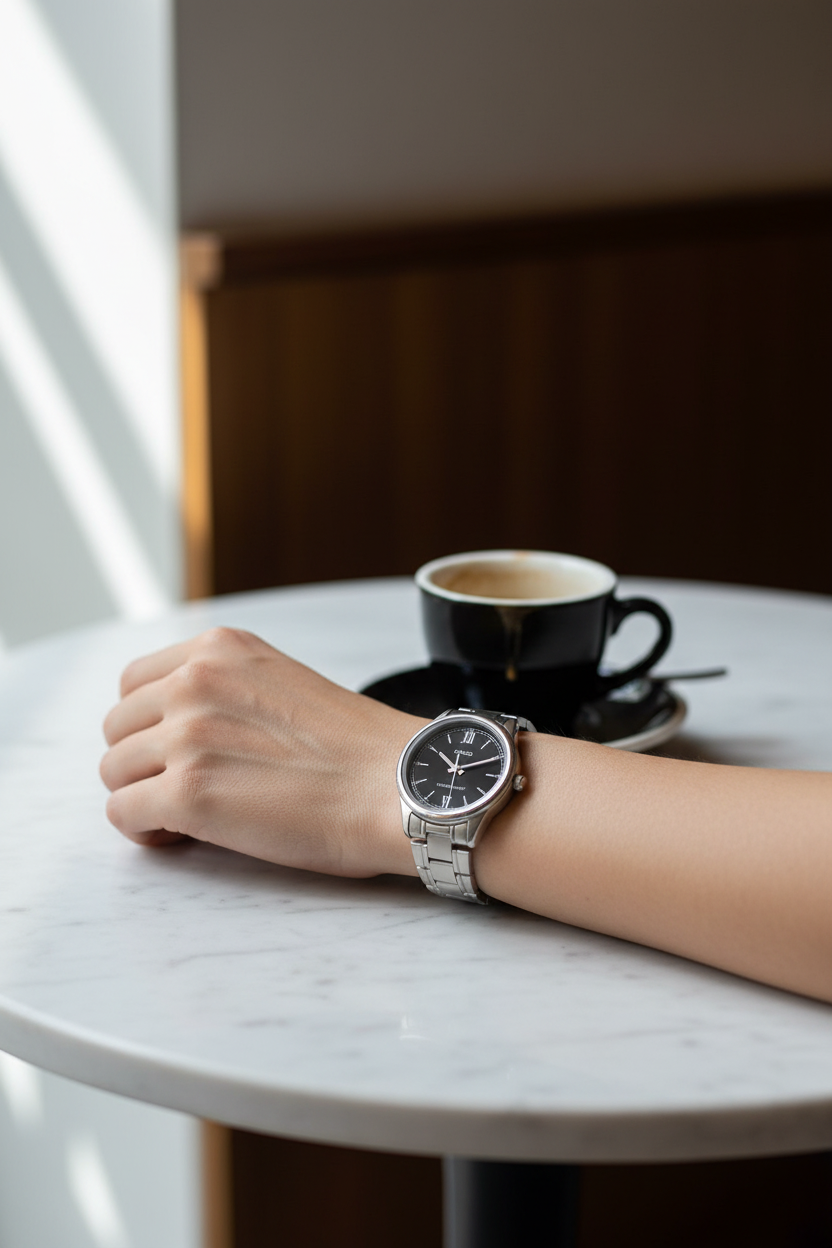 Casio LTP-V005D-1B2UDF en muñeca, escena de café con mármol blanco