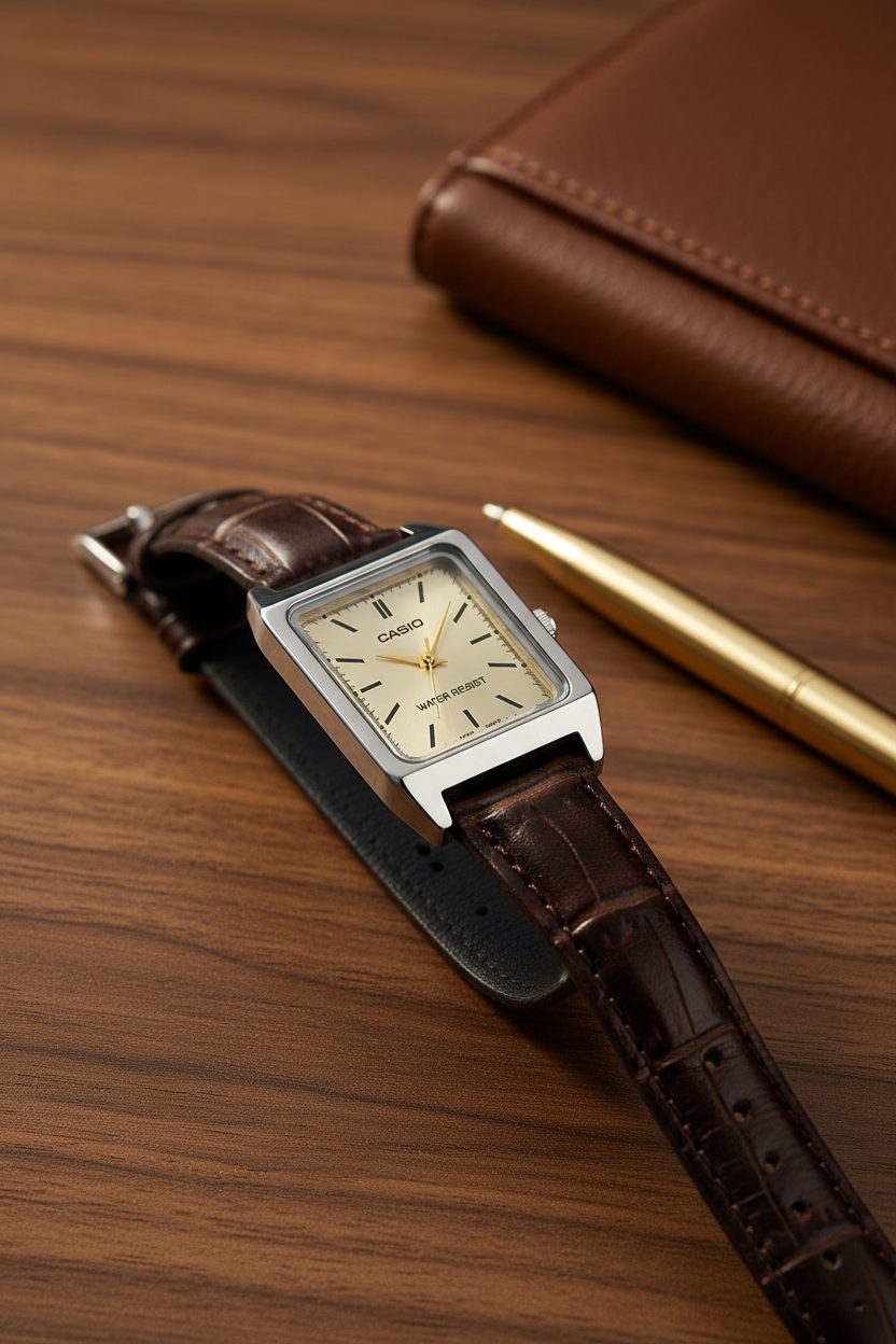 Casio LTP-V007L-9EUDF sobre nogal oscuro con pluma dorada