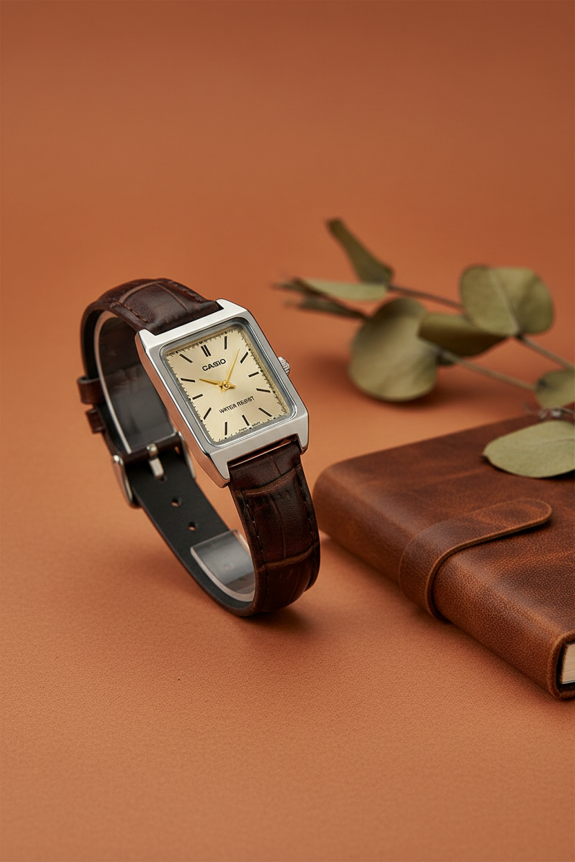 Casio LTP-V007L-9EUDF sobre fondo terracota con eucalipto