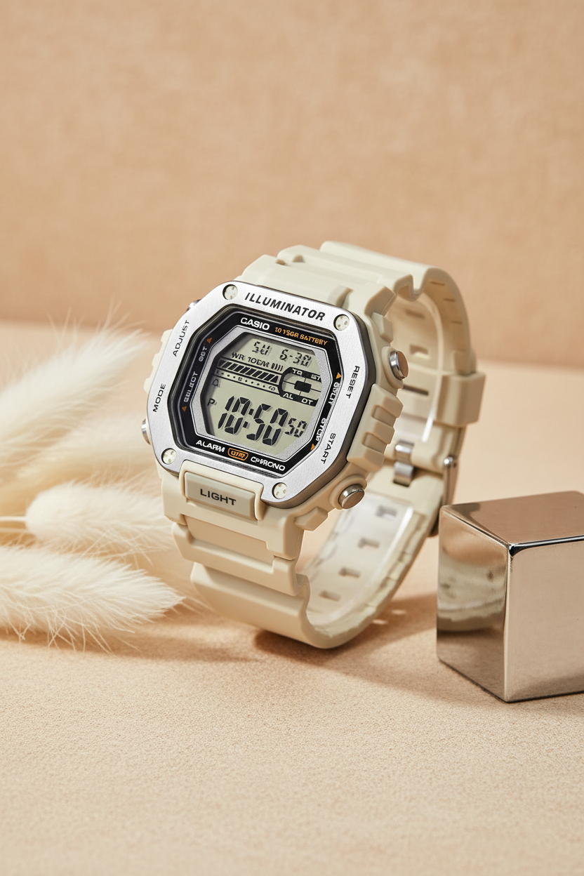 Casio MWD-110H-8AVDF sobre fondo beige con pampas