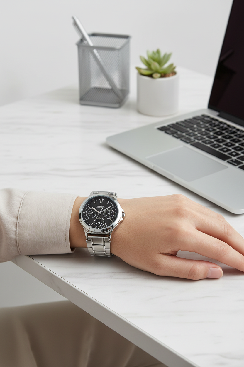 Casio LTP-V300D-1AUDF en muñeca en oficina moderna minimalista