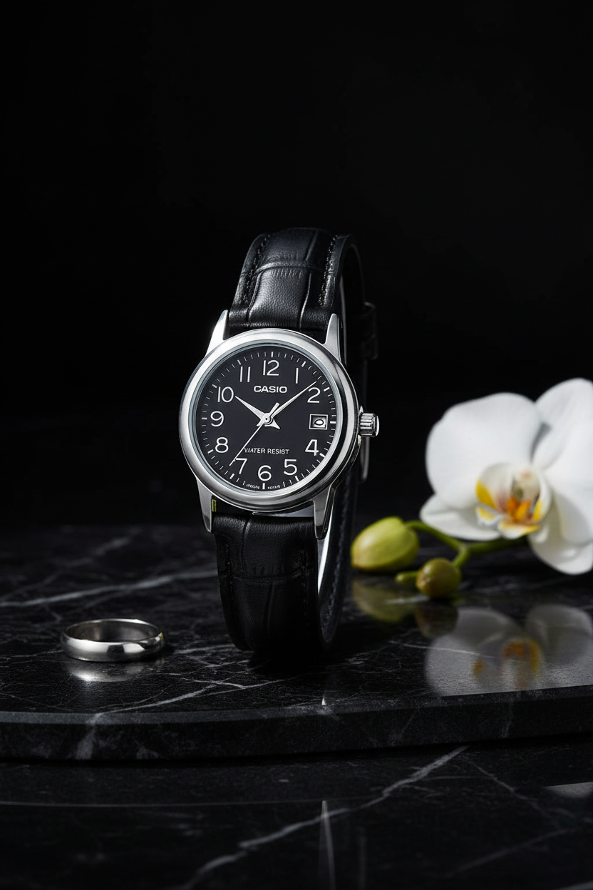 Casio LTP-V002L-1BUDF sobre mármol negro con orquídea