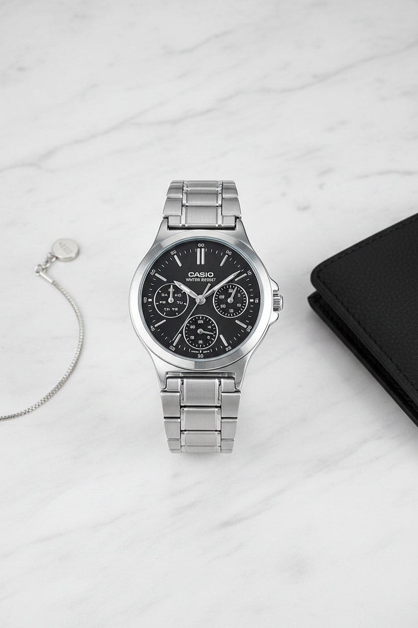 Casio LTP-V300D-1AUDF sobre mármol blanco con accesorios negros