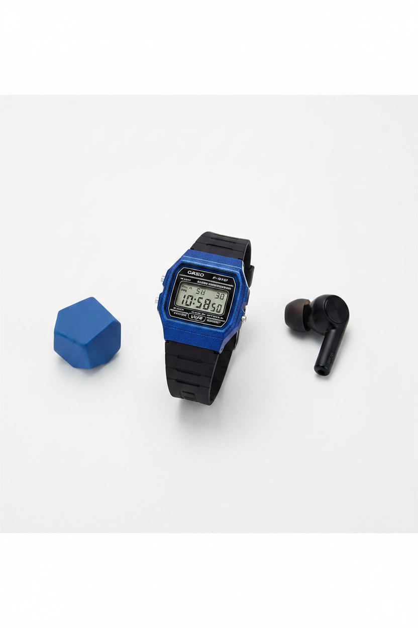 Casio F-91WM-2ADF sobre fondo blanco minimalista
