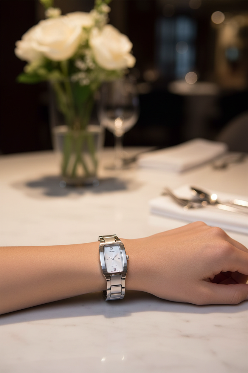 Casio LTP-1165A-7C2DF pequeño y delicado en muñeca en restaurante de lujo