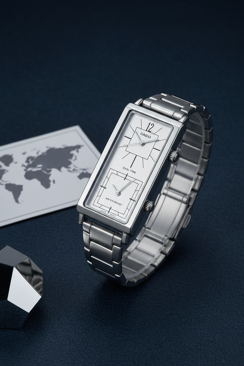 Casio LTP-E151D-7BDF sobre fondo navy con mapa