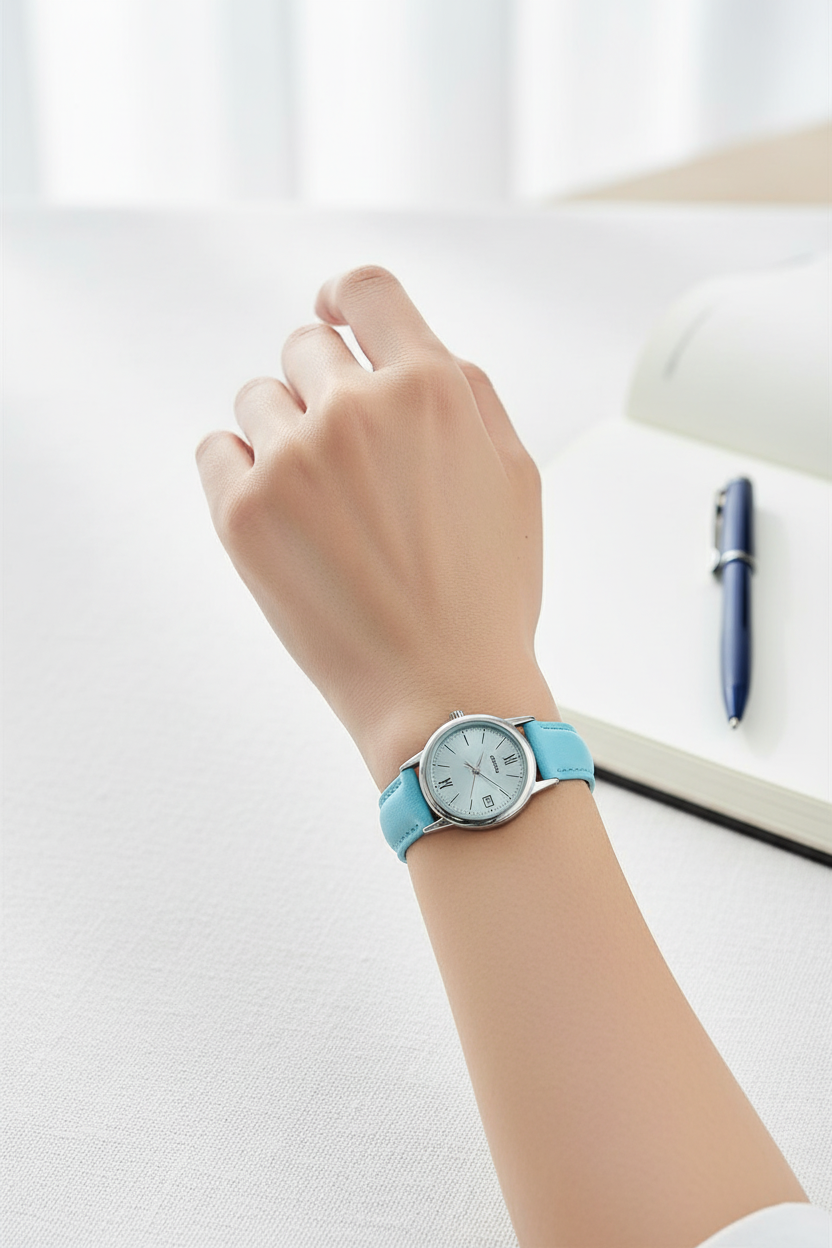 Casio LTP-V002L-2B3UDF pequeño y delicado en muñeca en workspace luminoso