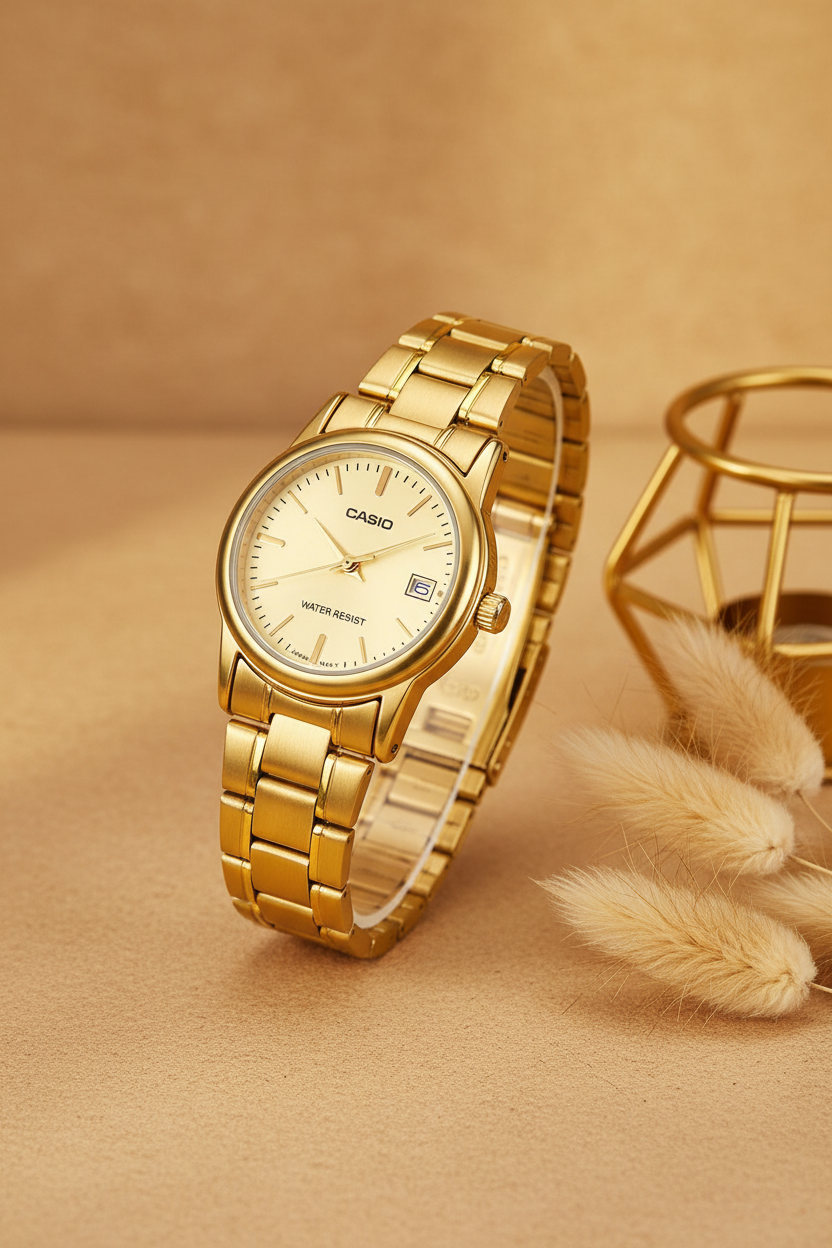 Casio LTP-V002G-9AUDF sobre fondo beige con pampas doradas