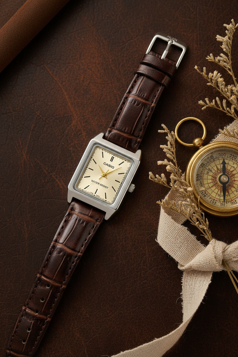 Casio LTP-V007L-9EUDF flat lay sobre cuero marrón con brújula dorada