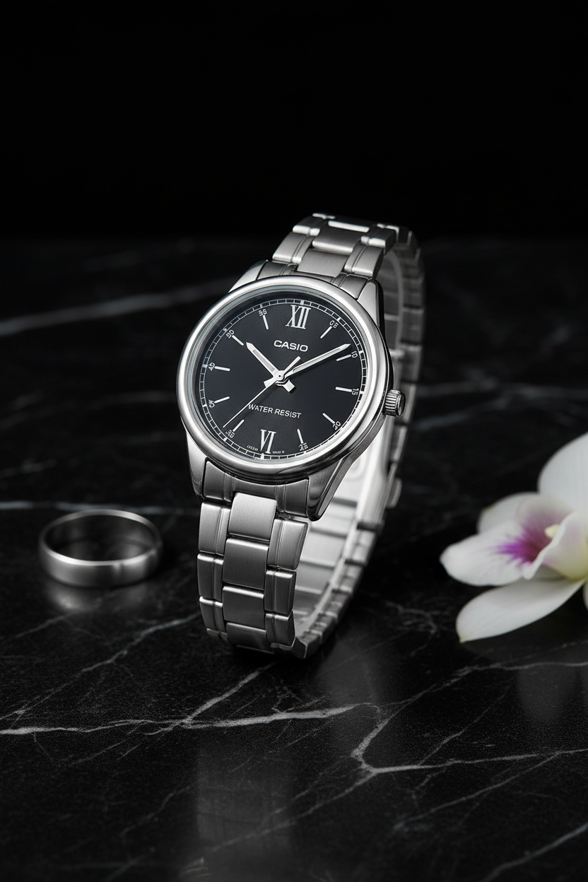 Casio LTP-V005D-1B2UDF sobre mármol negro con orquídea