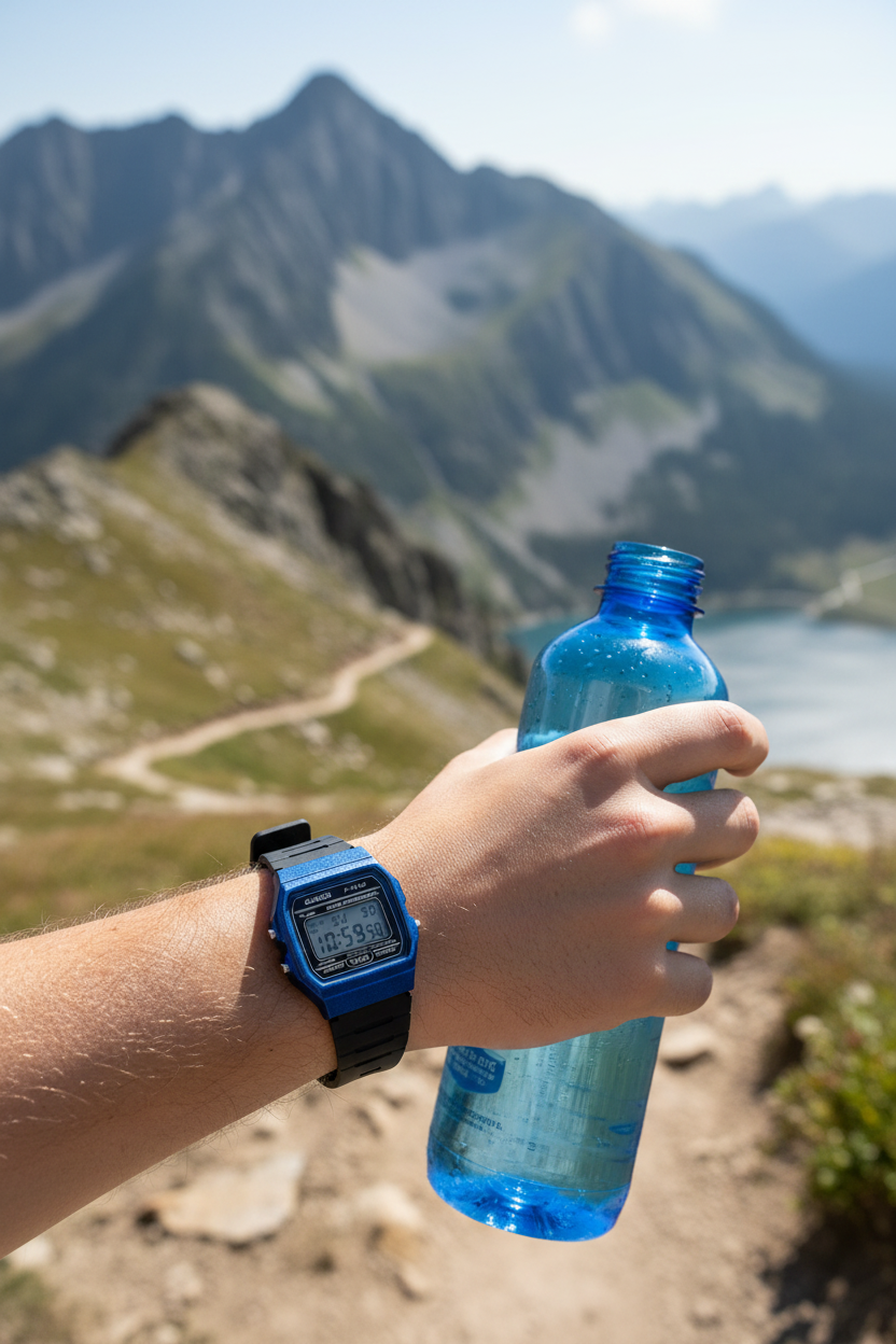 Casio F-91WM-2ADF en muñeca en outdoor montaña con botella azul