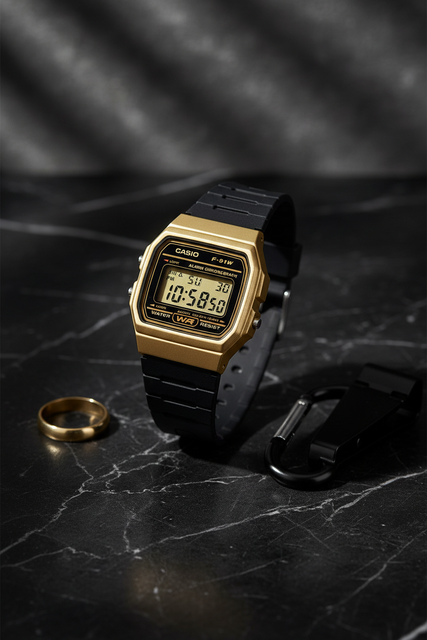 Casio F-91WM-9ADF sobre mármol negro con accesorios dorados
